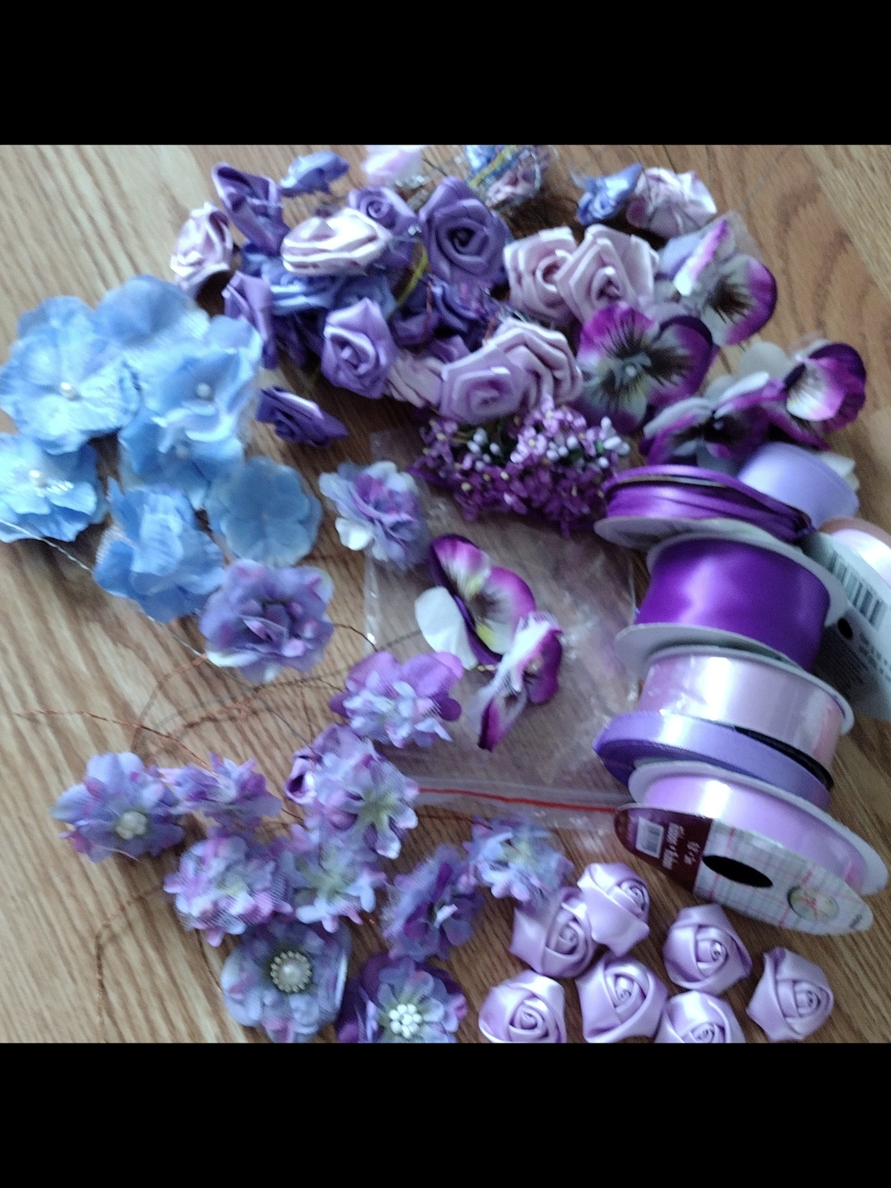 Assorted Purple and Light Blue Satin Flowers & Ribbon Bundle